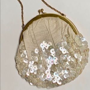 Linen Beaded Mother of Pearl Clutch w chain handle